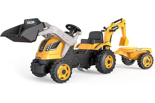Smoby - Tracteur Builder Max + Remorque - Tractopelle Enfant - Siège Ajustable - Volant avec Klaxon - A Partir de 3 Ans - Fabrication Française