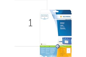 ‎HERMA HERMA 5065 Universal Etiketten, 25 Blatt, 210 x 297 mm, 1 Stück pro A4 Bogen, 25 Aufkleber, selbstklebend, bedruckbar, matt, blanko Klebeetiketten aus Papier, weiß