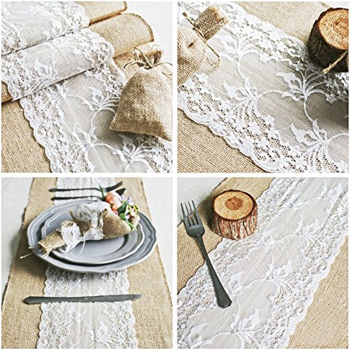 PsmGoods® Rustic Burlap Lace Hessischen Tischläufer Natürliche Jute für Hochzeits-Festival Ereignis Tischdekoration 12×108 „Weiße Spitze- - 2