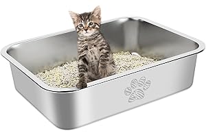 PTLOM Bac à litière pour Chat en Acier Inoxydable, bac à litière en métal pour Chatons, Convient aux Chatons，bac à crottes Anti-éclaboussures et antiadhésif, inodore, 39.5 x 29.5 x 10 cm