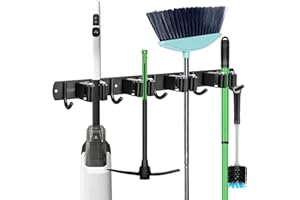 ibell Colgador de Escobas y Fregonas con 4 Posiciones y 5 Ganchos, Colgador y Organizador de Acero Inoxidable, Soporte Escobas pared Adhesivo, Sujeta Escobas para Garaje, Cocina, Baño, Jardín
