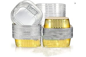 OUKEYI 25 moldes cuadrados de aluminio para tartas con tapas de 325 ml, mini moldes para cupcakes con tapas, moldes desechables para postres, tazas para hornear flan para bodas, fiestas de cumpleaños