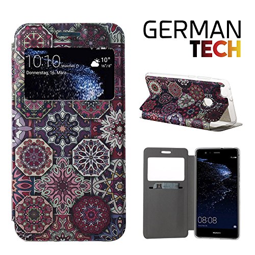 German Tech® - Handy Schutzhülle im Bookstyle mit Standfunktion, ohne Klappe für Huawei P10 Lite, mit S-View Fenster, durch das Sie alle Mitteilungen sehen können. Mandala.