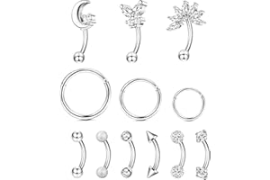 CASSIECA 12pcs 16G Rook Piercing Joyas Anillos de Cejas Acero Inoxidable Labio del Vientre Ring Cartílago Aro Rook Daith Pendientes Tragus CZ Piercing para el Cuerpo con Barra Curva