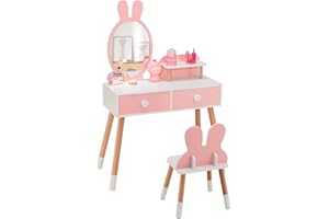 ‎DREAMADE DREAMADE 2 in 1 Kinder Schminktisch mit Hocker und abnehmbarem Spiegel, Kinderschminktisch aus Holz, Prinzessin Frisiertisch Kosmetiktisch mit Schublade für Kinder Mädchen ab 3 Jahren (Rosa)