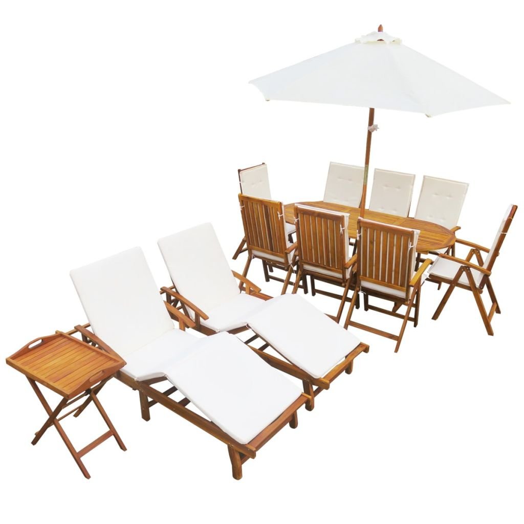 Festnight 23-TLG. Garten-Essgruppe mit Kissen Gartengarnitur aus Akazienholz Gartenmöbel Set inkl. 1 Esstisch + 8 Stühle + 2 Sonnenliegen + 10 Sitz-/Liegepolster + 1 Beistelltisch + 1 Sonnenschirm – Bild 3
