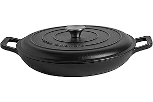 Argon Tableware 2.3L Shallow Cast Iron Casserole Dish with Self-Basting Lid - Matte Black - Induction Hob Cooking 2.43QT Dutch Oven Bread Baking Serving Roasting Stew Stock Pot Pan
