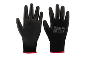 Straame Pack of 12 or 24 Black Safety Work Gloves, Outdoors PU and Nylon Non-Slip Work Handling Gloves, Good Dexterity Firm Grip Protective Working Gloves Size (Pack of 12 Pair's, L)