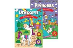 Squiggle A4 Unicorn & Princess Activity & Colouring Books - Set of 2 with 200 Stickers for Kids