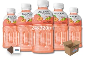 Mogu Mogu Flavored Drinks 24x320ml, PEACH - Nata De Coco Juice - Refreshing Taste - Fun Drinking During Hot Summers Or Take Them On Trips & Picnics Boxed Treatz