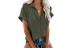 Friptspyg Musselin Bluse Damen Lässiges Kurzarm Hemdbluse Sommer V-Ausschnitt 100% Baumwolle Solide Blusenshirt Elegant Oberteile mit Tasche