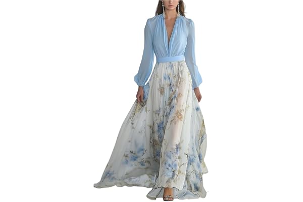 Damklänning, sommarklänning med ärmar, elegant blommig klänning, festklänning, lång A-linjeklänning, bröllopsgästklänning, åtsittande cocktailklänning, v-ringad omlottklänning, maxiklänning