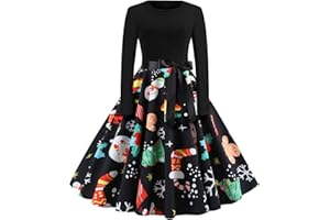 EFOFEI Women Hepburn Long Sleeve Dress Christmas Round Neck Dress Cocktail Party Evening Dress Knee-Length Dress