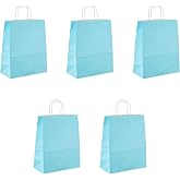 B&uuml;k&uuml;m Saplı Kraft Kağıt &Ccedil;anta Karton Hediyelik Poşet Torba - A&ccedil;ık Mavi -18x24 Cm. - 5 Adetlik Paket
