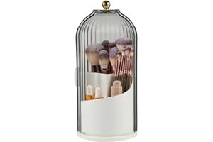 WVacFre Organizer na pędzle do makijażu z pokrywką, obracający się o 360 cm, przezroczysty, pyłoszczelny, organizer na toaletkę, biurko, blat łazienkowy