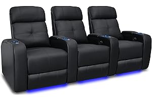 VALENCIA THEATER SEATING Valencia Verona Home Theater Seating | Premium Top Grain Italian 9000 Leather, Power Recliner, LED Lighting (Row of 3, Black)