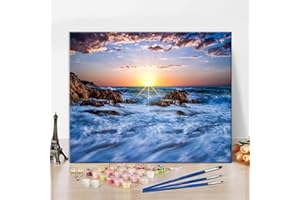 TISHIRON Malowanie według liczb, zachód słońca, niebieski ocean, malowanie według liczb, dla początkujących, dla dorosłych, fale, krajobraz morski, krajobraz według liczb, dla dzieci, bezramowy pigment, dekoracja domu 40 x 50 cm