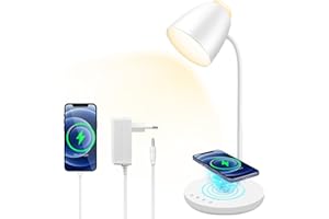 A3A ACADGQ Lámpara de escritorio LED, lámpara de luz diurna con 5 niveles de brillo y 5 niveles de color, ultradelgada, puerto de carga USB, lámpara de mesa para niños [clase energética A++] (blanco)