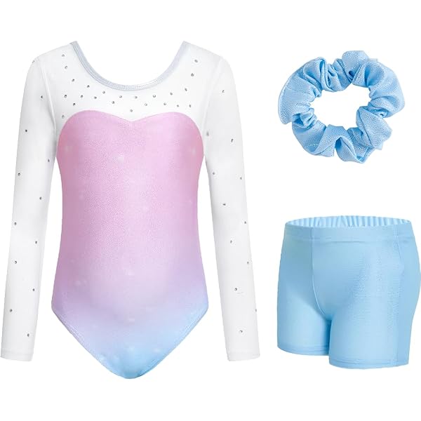 JiAmy Turnpakjes voor meisjes, gekruiste rug, lange mouwen, sprankelende dansbiketards met korte broek, balletoutfit voor 3-12 jaar, 8-9 Years