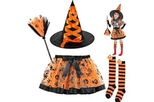 YskerrigToy Costume da Strega Bambina, Halloween Costumi Cosplay Set con Gonna Tutù, Cappello, Scopa Vestito Strega, Calzini da Ginocchio Vestito Stregas Cosplay Set per Carnevale Festa