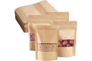 DHISPERARES 100 Pièces 15 x 10 cm Sac Papier Kraft avec Fenetre, Marron Sachet Kraft Alimentaire, Fermeture éclair Réutilisable Sac Papier Kraft, Utilisé pour Noix, Grains de Café, Thé, Bonbons, Snacks