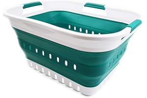 SAMMART 30L Collapsible 3 Handled Plastic Laundry Basket - Foldable Pop Up Storage Container/Organizer - Portable Washing Tub - Space Saving Hamper/Basket (White/Dark Green)30L