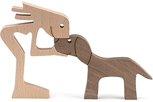 Onsolo Wooden Pet Carvings Dog Puppy Family Wooden Carving Ornaments Animal Sculpture Handmade Craft Creative Gifts (Women Kiss Puppy)