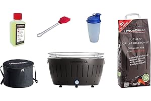 LotusGrill XL zestaw startowy 1 x grill XL antracytowy ze złączem USB, 1 x węgiel bukowy 1 kg, 1 x pasta do rozpalania 200 ml, 1 x pędzelek do marynowania szczypce, 1 x shaker do dressingu, 1 x torba transportowa XL