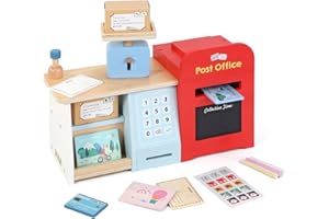 SOKA PLAY IMAGINE LEARN SOKA Wooden Post Office Play Set with Stamps and Mail Creative Pretend Play Toy Role Playset Educational Montessori Developmental Game For Kids Children Boys Girls 3 year old +