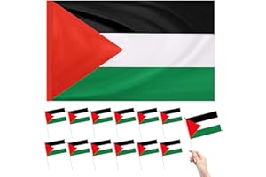 BYHSOEP 1 Bandera Palestina 150 x 90 cm + 12 Bandera de Palestina Pequeña 13.5 X 21.5 cm, Mini Banderas de palestina, Palestine Flag con Soga, Banderas Decorativas para Exteriores