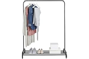 DIRECT ONLINE HOUSEWARE House of Home Heavy Duty Metal Clothes Rail with Shoe Rack - 1 Tier Single Rail Wardrobe Replacement - Clothes Storage & Shoe Storage for Shirts, Coats, Jackets & Shoes - Black