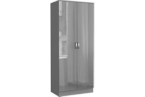 NERA FURNISHINGS Nera Grey Gloss 2 Door Wardrobe with Hanging Rail and Shelves Bedroom Furniture Storage W 76 x D 46 x H 180 cm