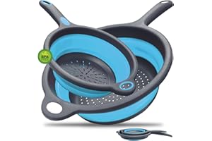 Walfos Scolapasta Pieghevole con Manico, Set di 2 pezzi da 20 e 24 cm Cucina Pieghevole sopra Il Lavandino del Silicone Colander/Setacci, scolapasta silicone Lavabili in Lavastoviglie, Blu