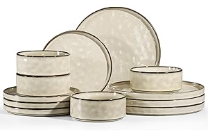 Homikit 12 Piece Dinner Sets, Reactive Glaze Plates and Bowls Set for 4 People, Elegant Dinnerware Stoneware for Kitchen Dinner Camping, Scratch Resistant, Dishwasher & Microwave Safe, Desert Khaki