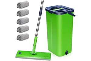 ‎MASTERTOP MASTERTOP Wischmopp Set mit Eimer, Bodenwischer und Eimer mit Auswringfunktion, Nass- und Trockenmopps mit 5 Wiederverwendbare Mikrofaser-Pads, Flachmopp mit Edelstahlstiel für die Bodenreinigung