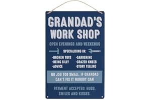 RAJX Grandad's Workshop Hanging Metal Sign Wall Plaque, Thanks Dad Gift from Daughter Son, Perfect Home Décor Gifts for Father’s day Birthday & Christmas (Grandad's Workshop Sign)