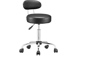 CASARIA® Taburete con Ruedas Giratorio 360° Respaldo Altura Ajustable 46-60cm Asiento 10 cm Grosor Cómodo Estable Silla Trabajo Oficina Escritorio Negro