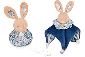 Doudou et Compagnie - Peluche Boule Lapin - 3 en 1 : 1 Doudou,1 Peluche , 1 Boule d'Eveil - 25 cm - Bleu/Blanc - Doux pour les Câlins - Idée Cadeau Naissance - Garantie Doudou Perdu - DC3936