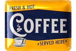 LANOLU Cartel de chapa de café retro – Cartel de café SERVED HERE – Decoración de cocina vintage regalo para el café bar – Decoración de cocina y cena retro – Cartel de metal con curvatura 15 x 20 cm
