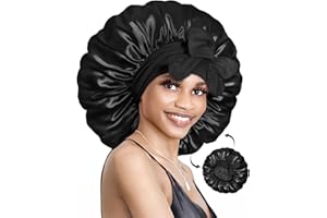 BONNET QUEEN Cuffia Seta Capelli Notte Reversibile Cuffia Capelli Ricci Doppio Strato Bonnet con Lacci Lunghi Regolabili Protettiva Anti-crespo, Nero