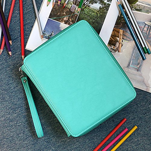 BTSKY Federmappe / Etui / Mäppchen zur Aufbewahrung von Schreibutensilien, aus Lederimitat, extragroß mit 160 Halterungen und mehreren Ebenen, für Schüler zur Aufbewahrung von Buntstiften (Stifte nicht im Lieferumfang enthalten) Seegrün - 8
