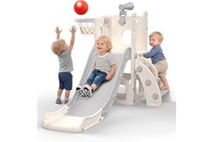 hoopyosms Scivolo per Bambini con Canestro da Basket, Palla e Telescopio Giocattolo, Set Giochi per Interni ed Esterni, per Bimbi Piccoli e in Età Prescolare(Grigio)