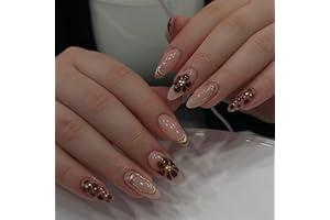MouyouGlow Press on Nails krótkie, migdałowy nude 3D, złote paski, francuskie brązowe kwiaty, aura, jesień, sztuczne paznokcie, brązowe kwiaty, akrylowe, jesień