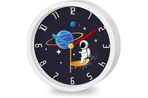 Idota Budzik dziecięcy, budzik edukacyjny dla dzieci, bez tykania, kosmos, astronauta, analogowy, okrągły budzik świetlny, dla chłopców i dziewczynek, zasilany bateriami (bez baterii), biały