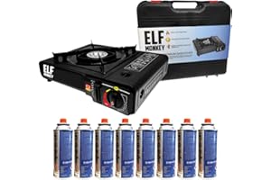 Elfmonkey Hornillo de Gas con Maletín, Incluye 8 Cartuchos de Gas Butano, Ideal para Camping o Fondue, Protección Contra Sobrecalentamiento