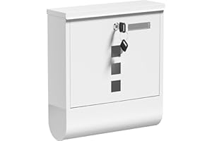 ‎WILTEC Wiltec Briefkasten mit Zeitungsrolle, weiß, 305 x 95 x 335 mm, Wandbriefkasten mit Namensschild, Sichtfenstern, Schloss und Zeitungsrolle, Postkasten aus pulverbeschichtetem Stahl