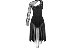 dPois Asymétrique Robe Danse Contemporain Femme Competition Justaucorps Gymnastique Robe Danse Classique Tenue Patinage Artistique Costume Jazz Moderne Spectacle