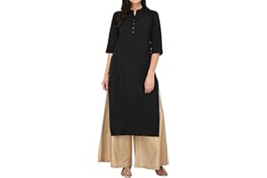 Ladyline Damen Tunika aus reiner Baumwolle, einfarbig, 3/4-Ärmel, aufrollbar, Knopfausschnitt mit Tasche, lang, Kurti Kurta