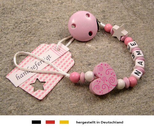 Baby SCHNULLERKETTE mit NAMEN | Schnullerhalter mit Wunschnamen – Mädchen Motiv Herz Ornament in rosa - 3