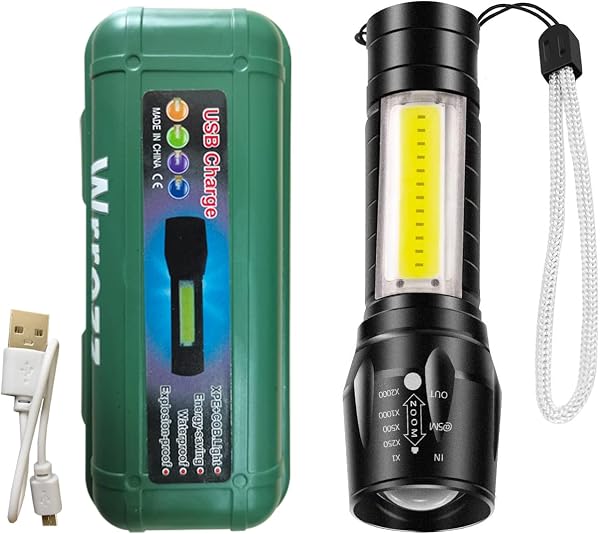 Wrrozz COB LED Flashlight Rechargeable Torch Zoom Flashlight Built-in Battery+USB Cable (1 Pack)